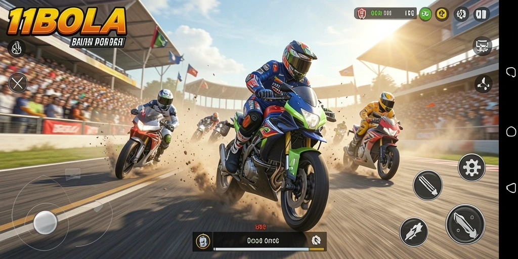 Screenshot gameplay 11BOLA dengan motor balap yang kencang.