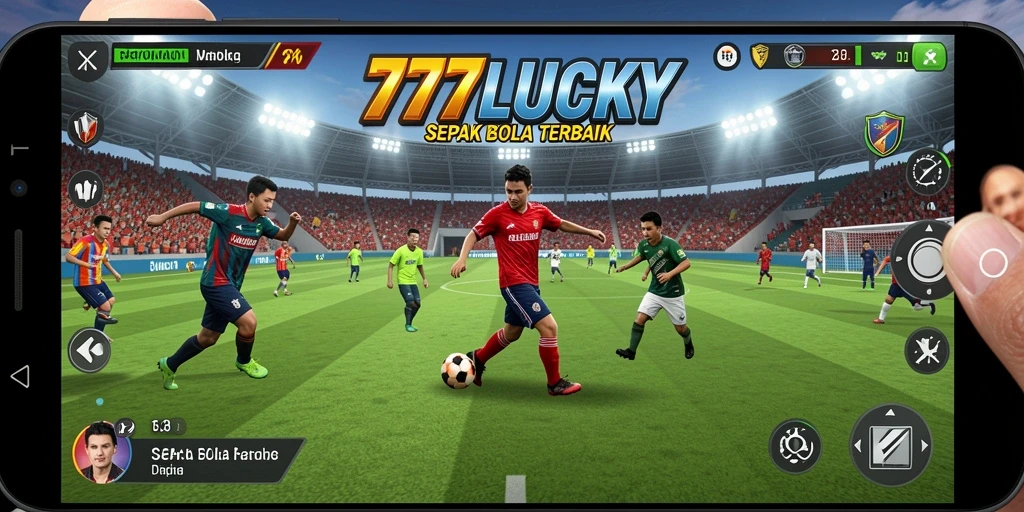 Screenshot gameplay 777LUCKY menampilkan aksi sepak bola yang intens.