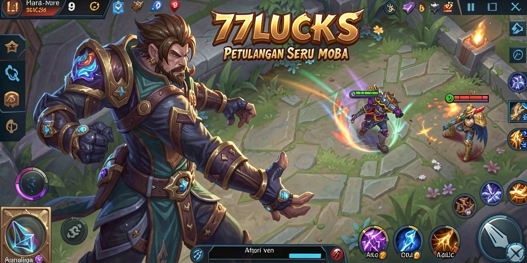 Screenshot gameplay MOBA yang menegangkan dalam 77LUCKS.
