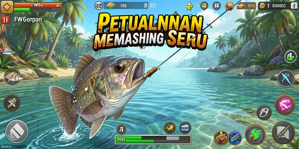 Tampilan gameplay FW66 yang menampilkan momen menangkap ikan di alam bebas.