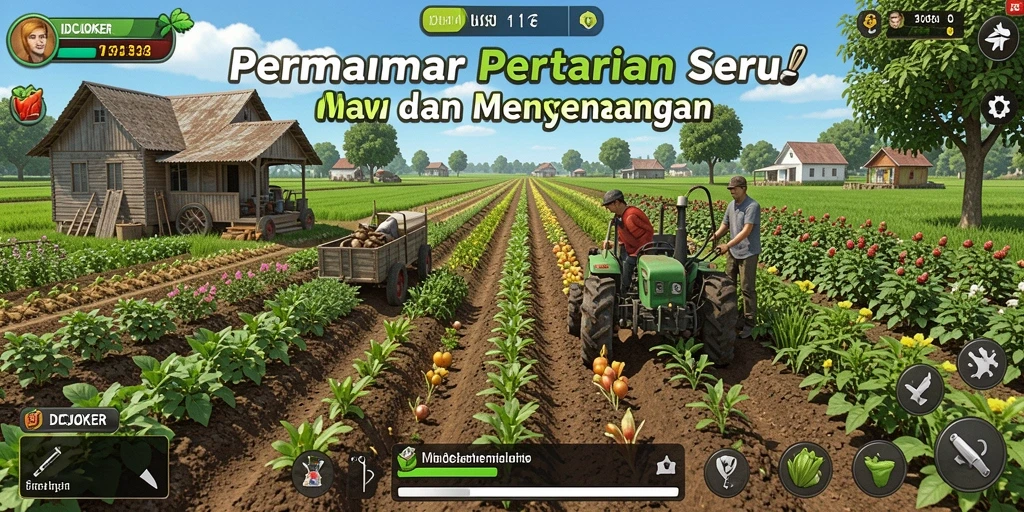 Screenshot gameplay IDCJOKER dengan ladang yang subur dan hewan peliharaan.