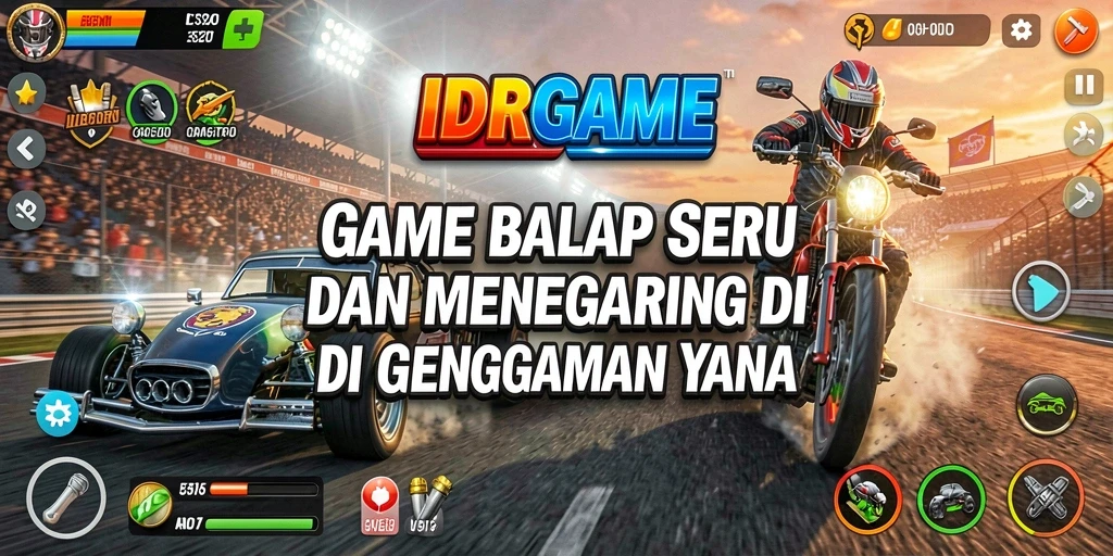 Tampilan gameplay mendebarkan dari IDRGAME dengan mobil balap beraksi di trek.