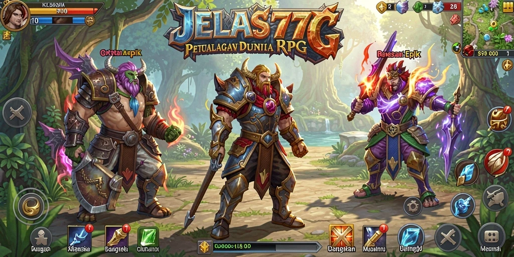 Tampilan gameplay JELAS777 dengan pertempuran epik dan karakter yang unik.