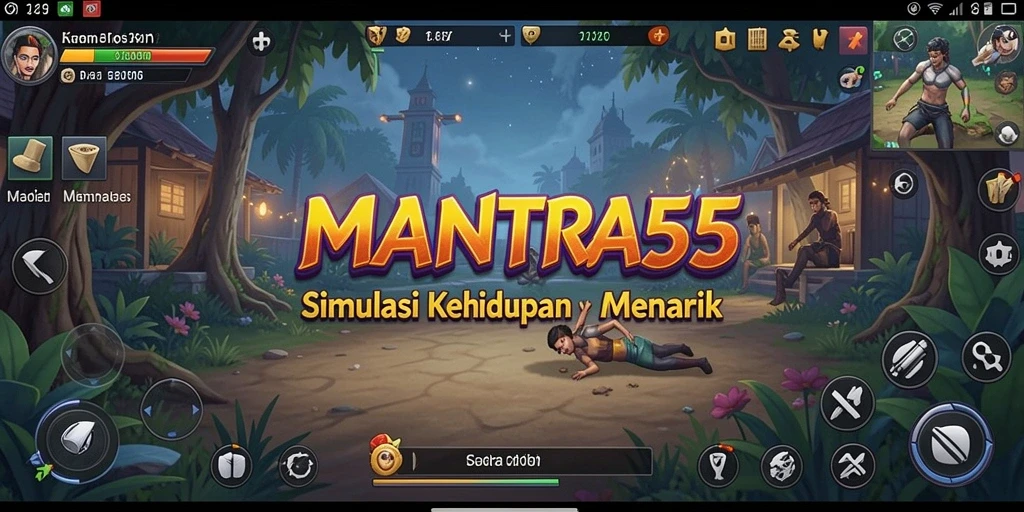 Screenshot utama MANTRA55 menampilkan gameplay simulasi kehidupan yang indah.