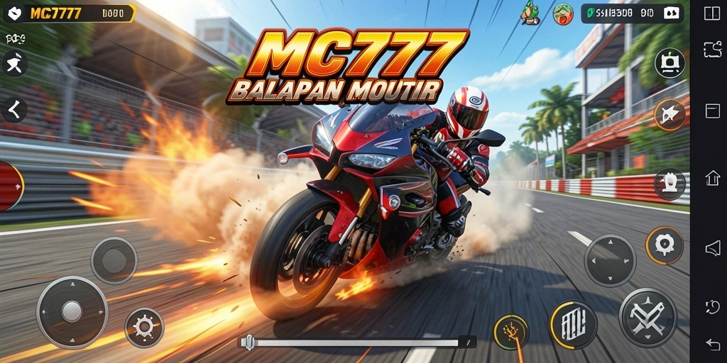 Tampilan gameplay MC777 dengan sepeda motor balap berkecepatan tinggi.