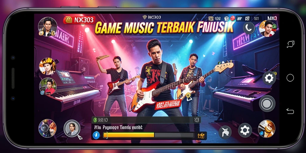 Screenshot NX303 menunjukkan pengguna bermain alat musik dalam tampilan grafis yang menarik.