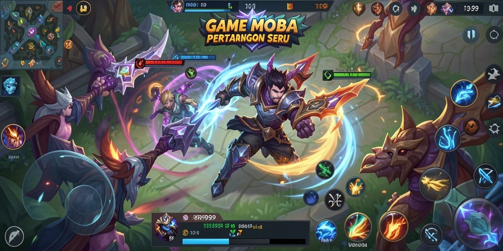 Screenshot gameplay intens RR999 di medan perang MOBA.